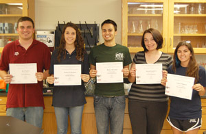 Texas A&M students who earned the Forensic Technician certificate were (pictured l-r):  Alex Weghorst, Kortney Parchman, Madison Gaytan, Alyssa Laymance, and Lindsey Thompson. Photo by Rob Williams. 