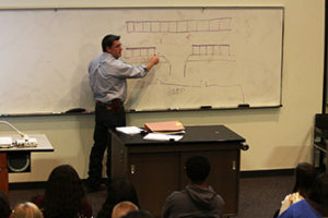 Brent Munyon, forensic accident reconstructionist for A&M Forensics and Engineering, Inc. showing students from Dr. Adrienne Brundage's Intro to Forensics (FIVS 205) class how to correctly diagram an accident scene. Photo by Rob Williams.